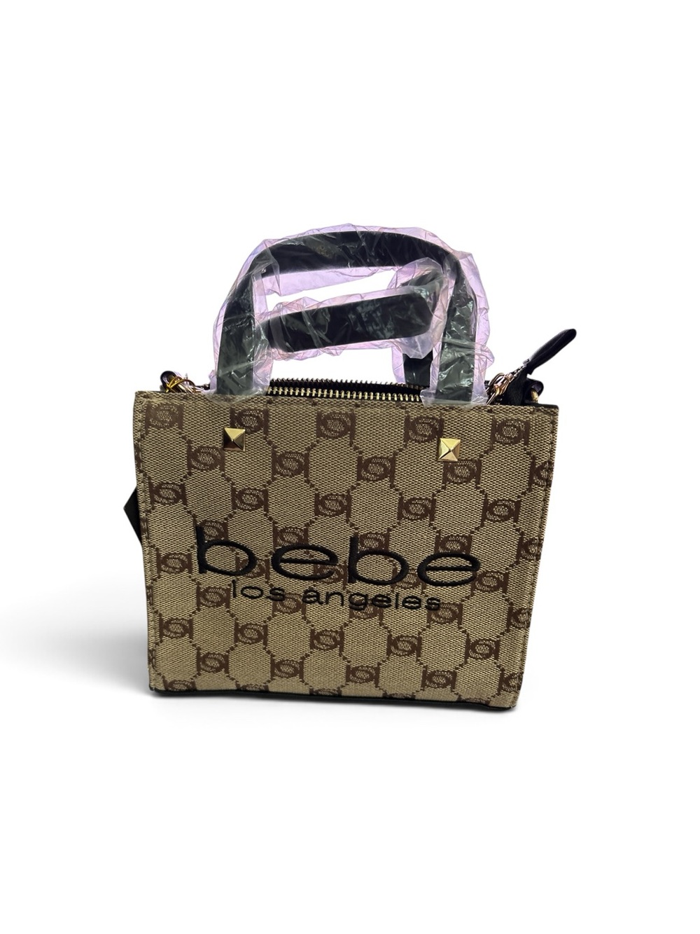 bebe Beige Logo-Print Mini Tote with Gold Accents
